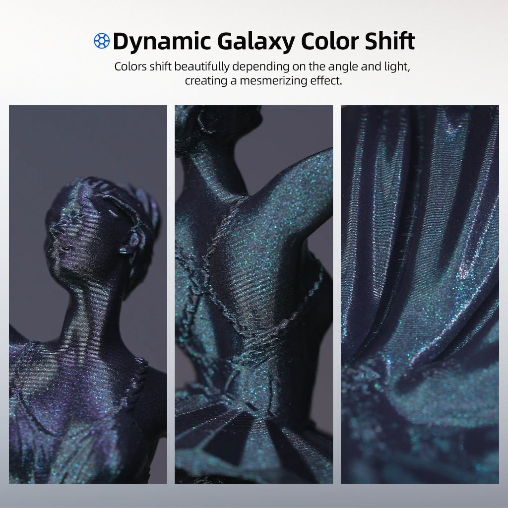 Blue-green metallic figurine showing dynamic color shift