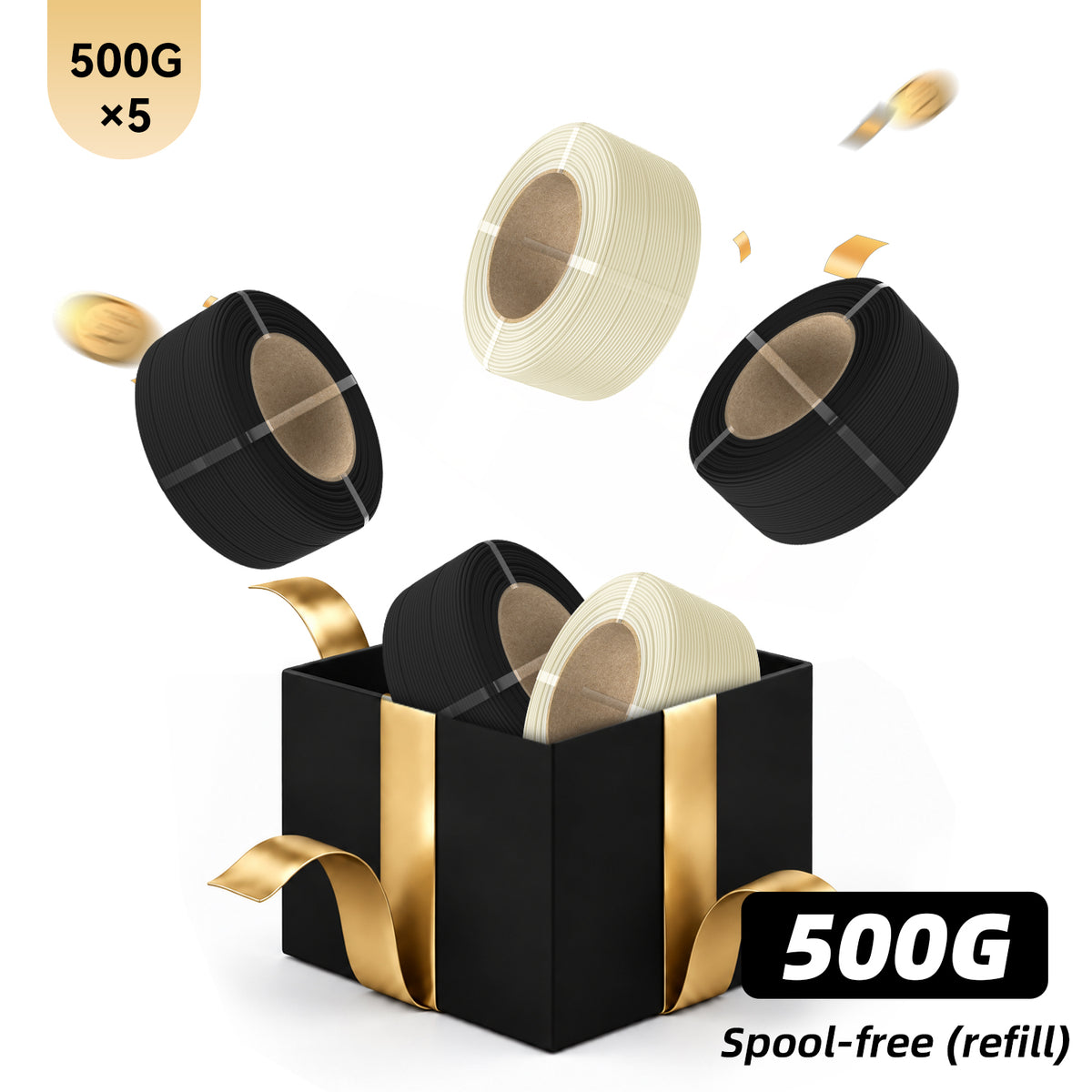 Spool-free mystery box set with 5 refill rolls in black and off-white, shown in black box