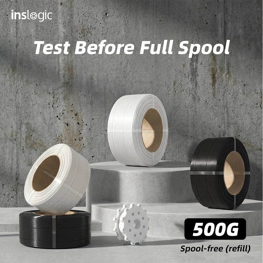 Spool-free filament refill, 500g sample; white and black filament rolls