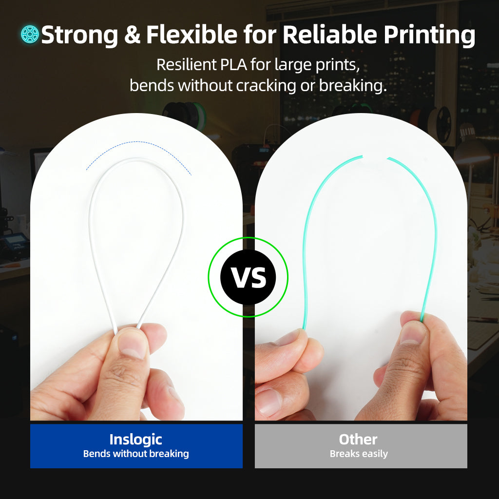 Glow-in-the-dark PLA filament samples, curved glowing strands for bend comparison
