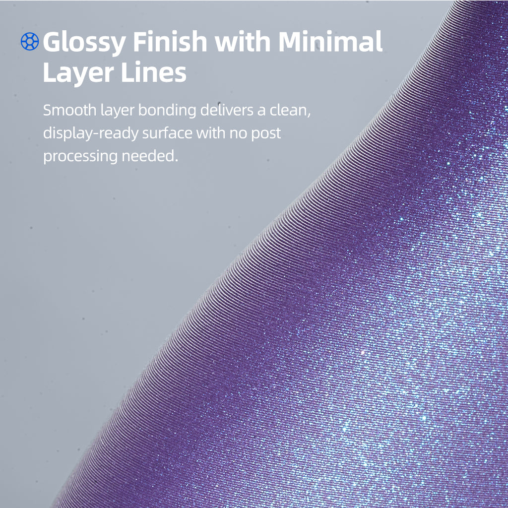 Purple glossy PLA surface with fine glitter shimmer texture