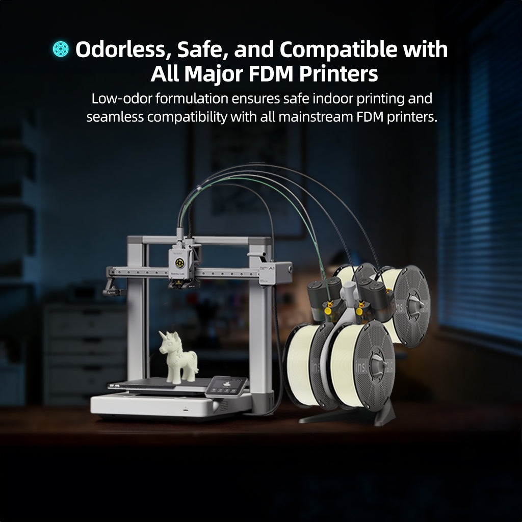 FDM 3D printer with multiple filament spools and small glowing cat print