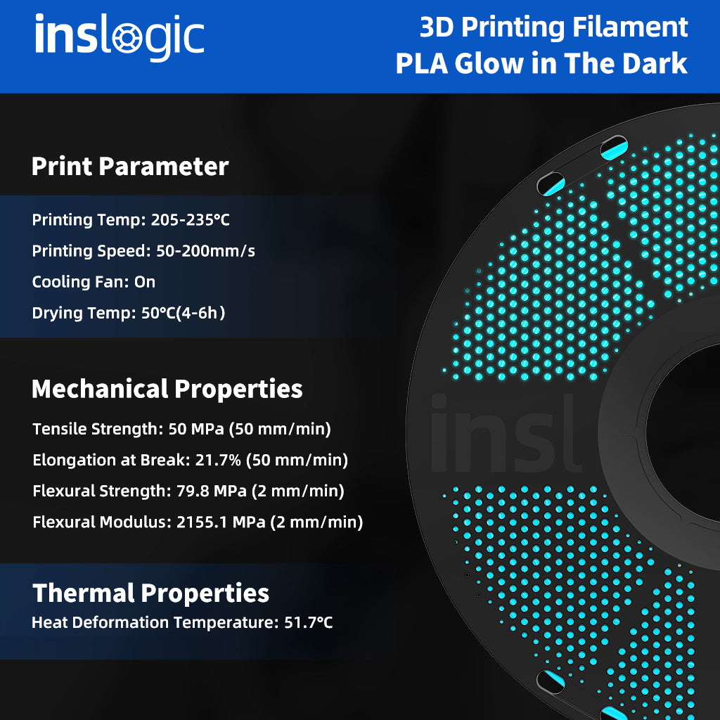 PLA glow-in-the-dark printing chart with filament cross-section and blue glow dots