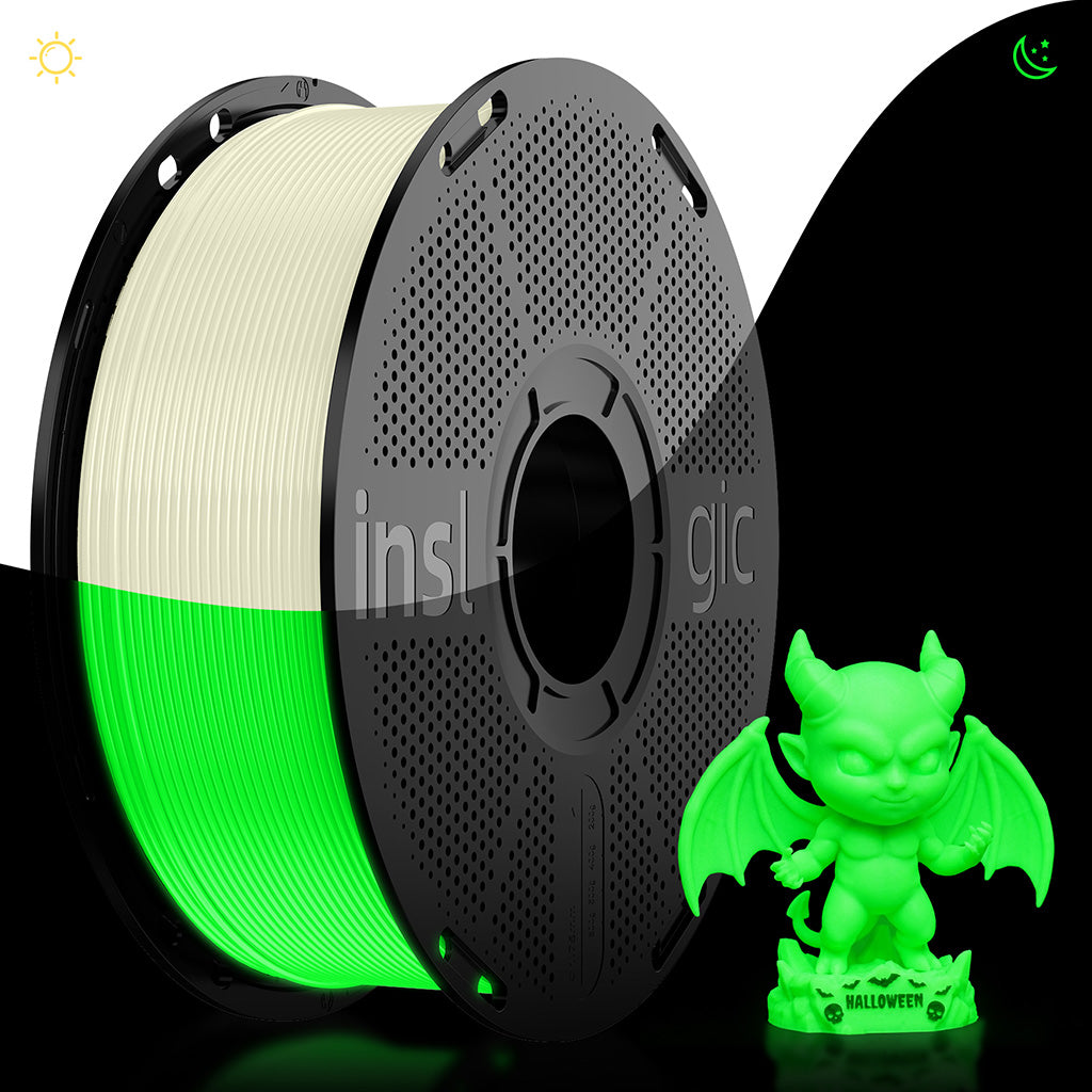 Glow-in-the-dark PLA filament spool, white filament with green glow wrap