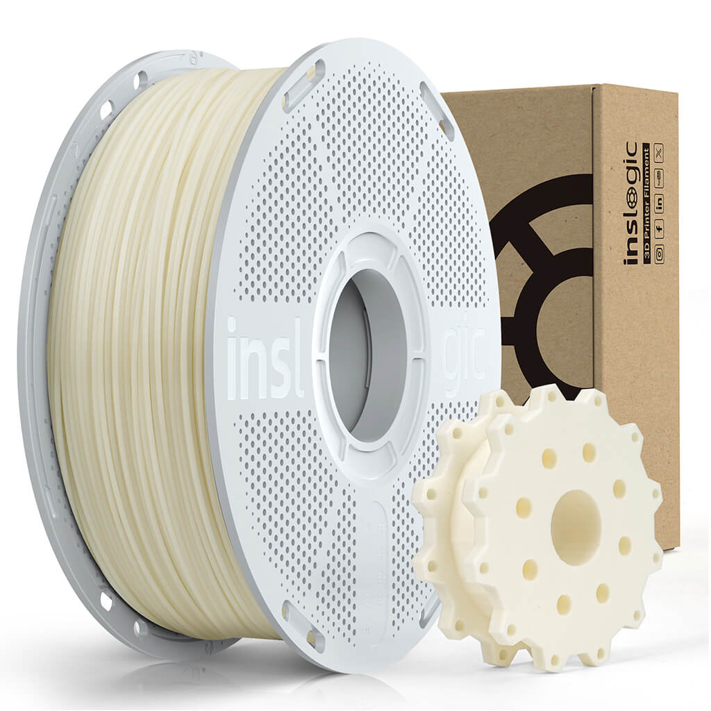 ABS-GF10 filament spool with pale natural filament and small gear sample
