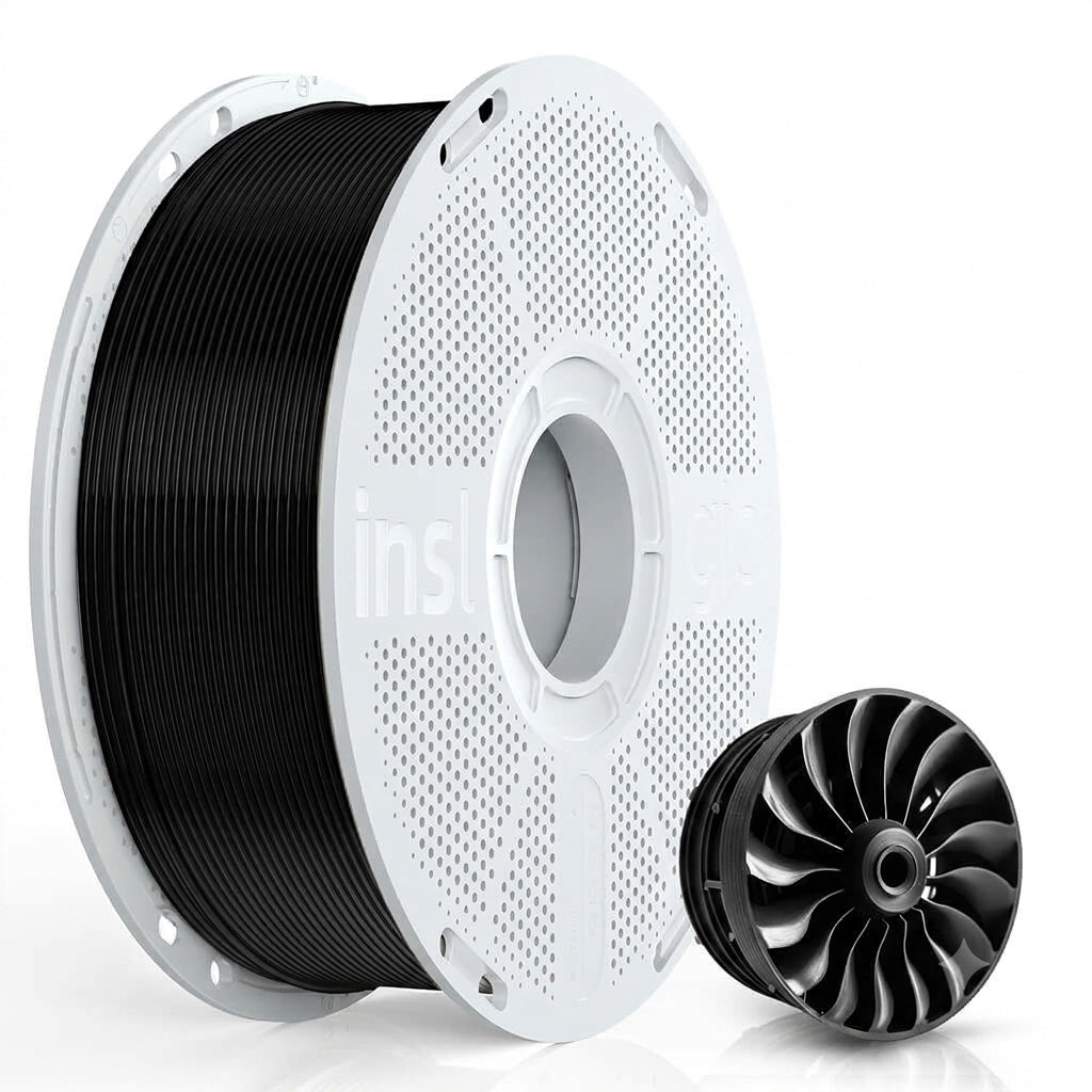 Black PA12-CF 3D printer filament on white spool with black sample