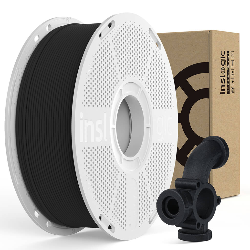 Black PA6-GF25 1.75mm filament spool on white reel with black nozzle clip