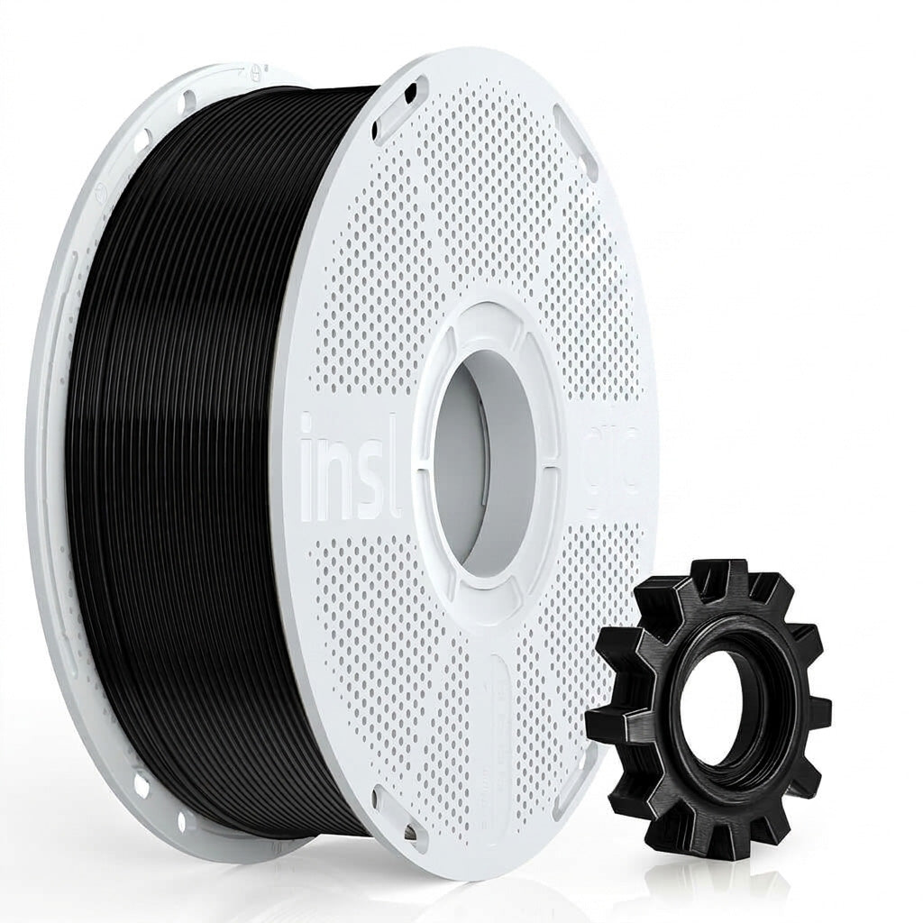 Inslogic PC-ABS 1.75mm filament spool with black filament on white reel, gear accessory