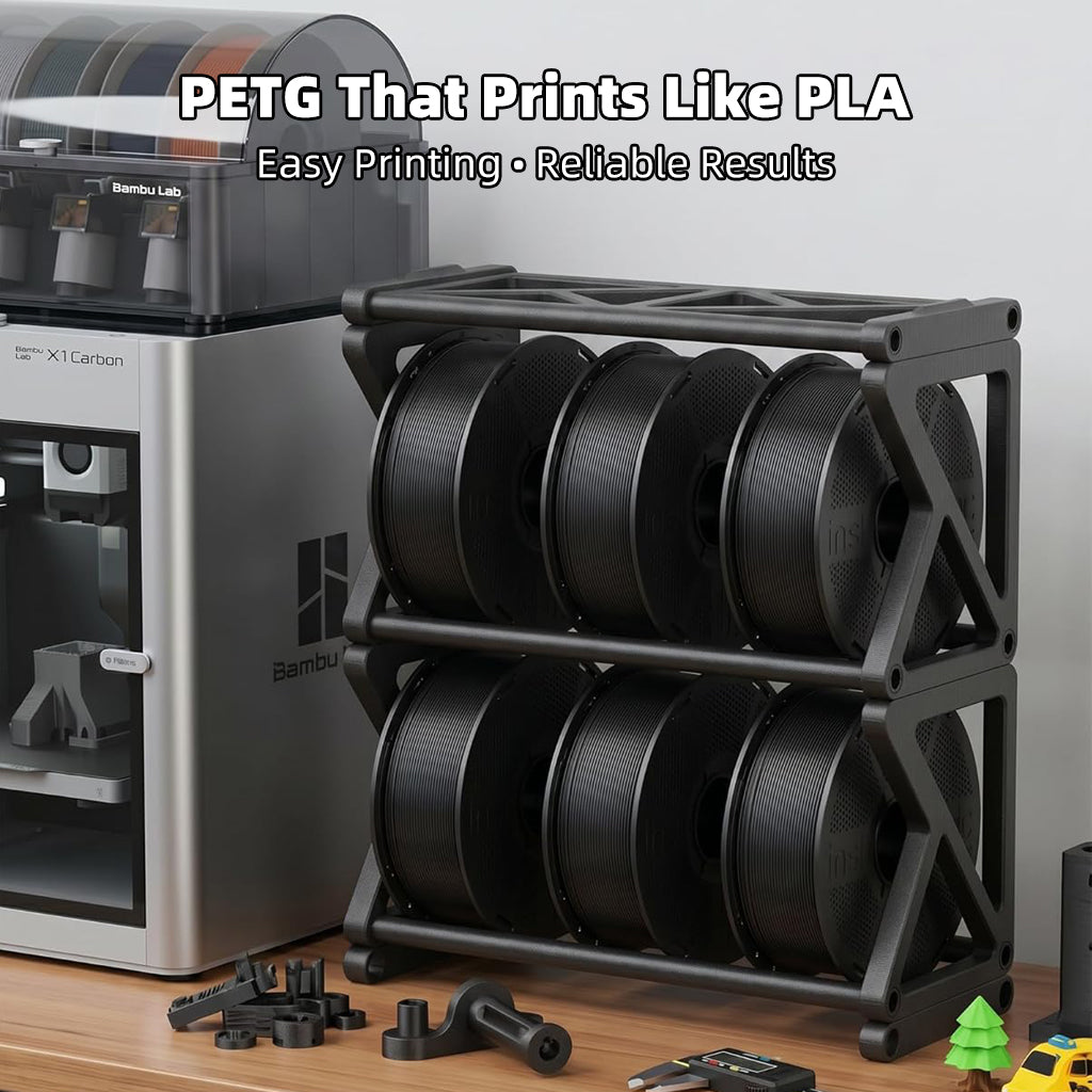 Black PETG 3D printer filament on spool holder with multiple spools