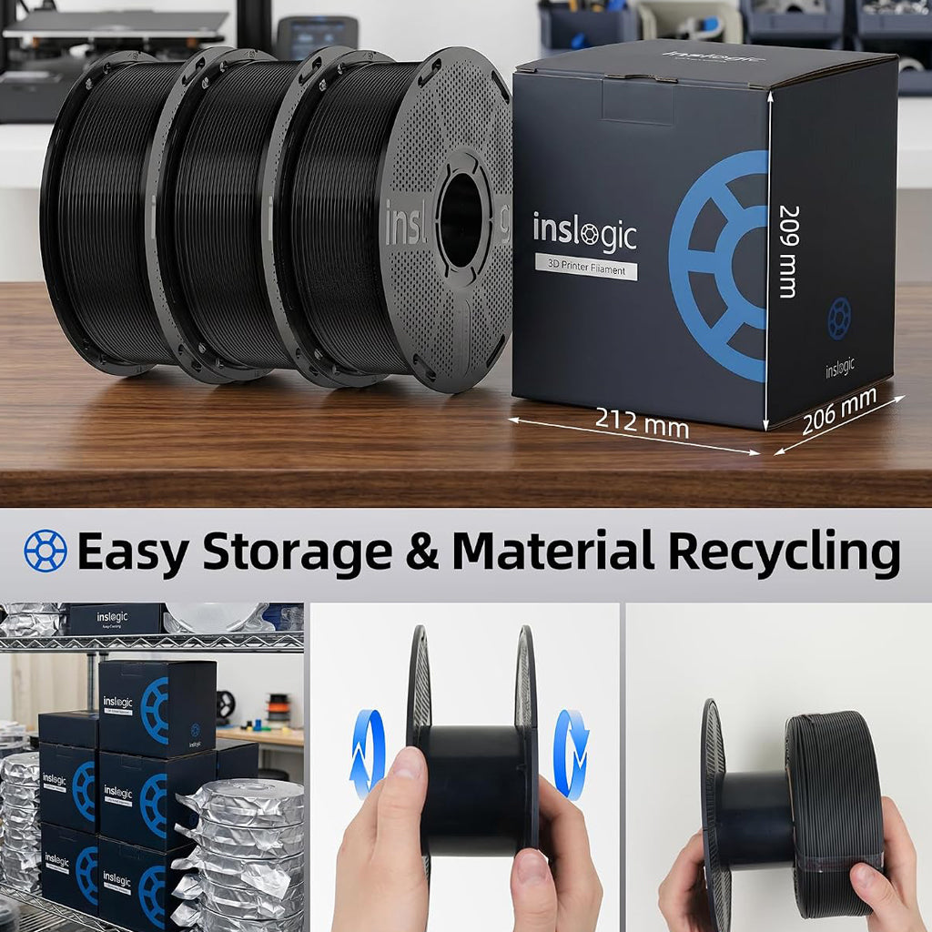 Black PETG filament spools with storage recycling bin on wooden table