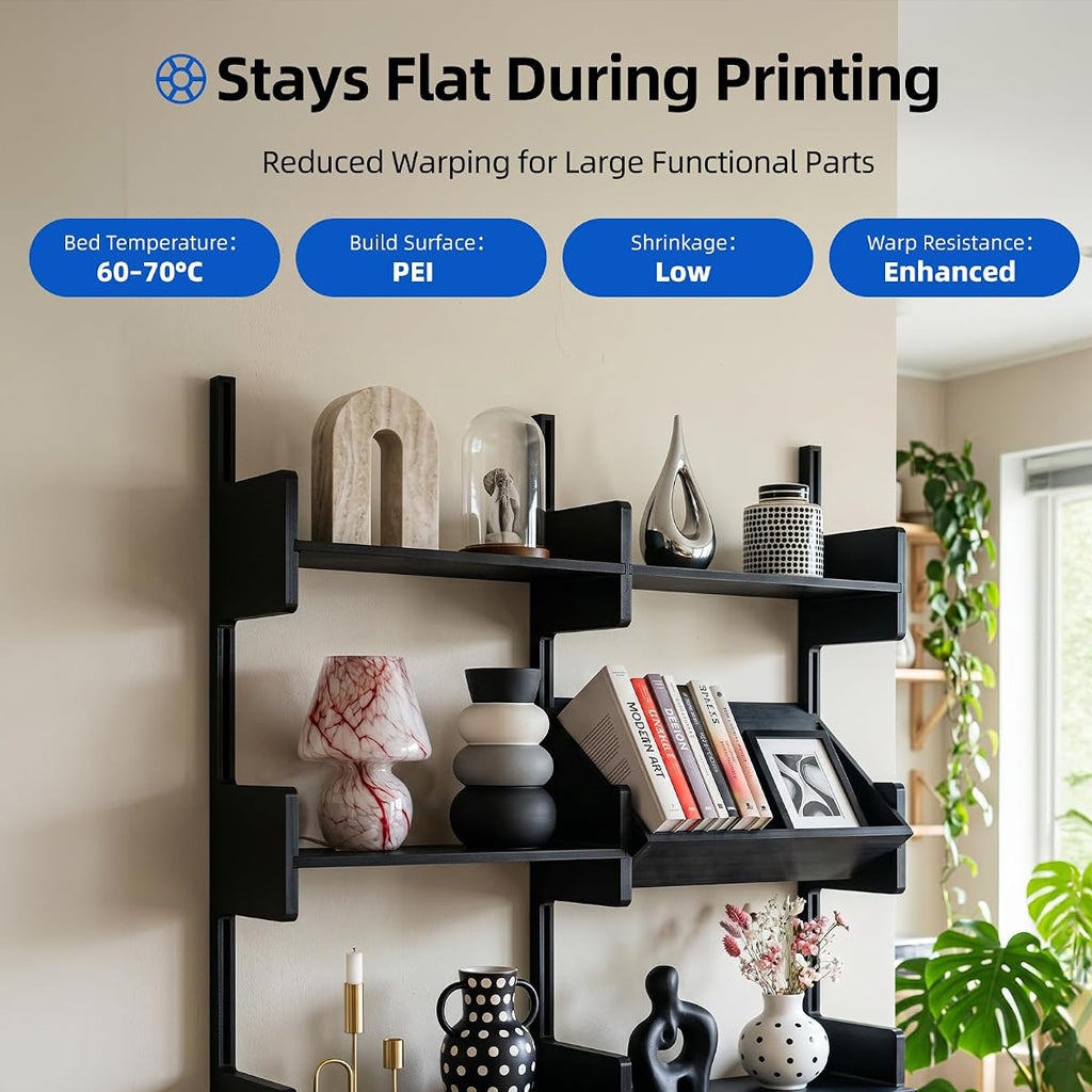 Black PETG filament shown on a 3D printer shelf system