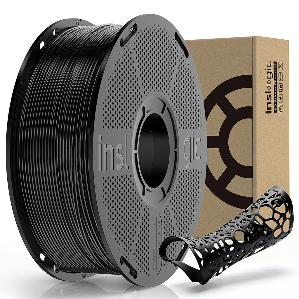 Black TPU filament spool, 1.75mm; flexible 90A Shore filament on a reel