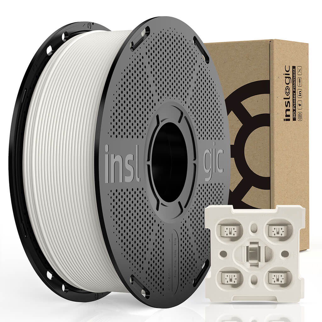 ABS filament spool with white filament and black mounting flange