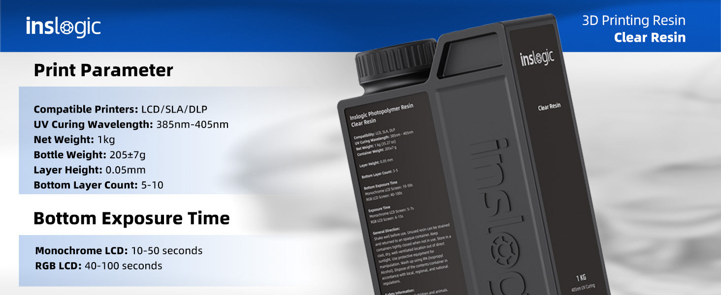 Inslogic Clear Resin, Professional 3D Printing Materials,Print parameter