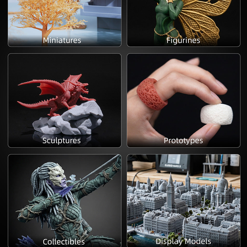 3D printed examples: winged figurine, bust, dragon sculpture and castle display models