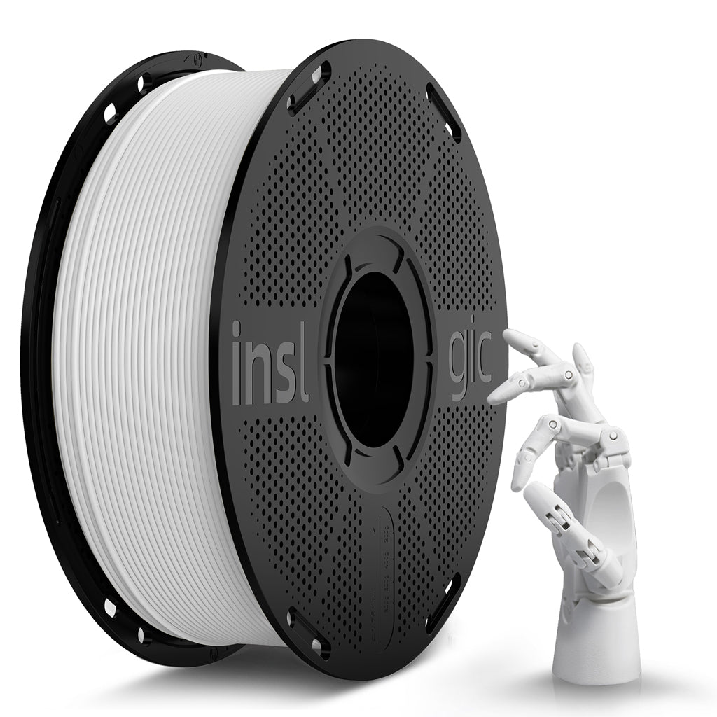 White PLA filament on black perforated spool, 1.75mm matte strand