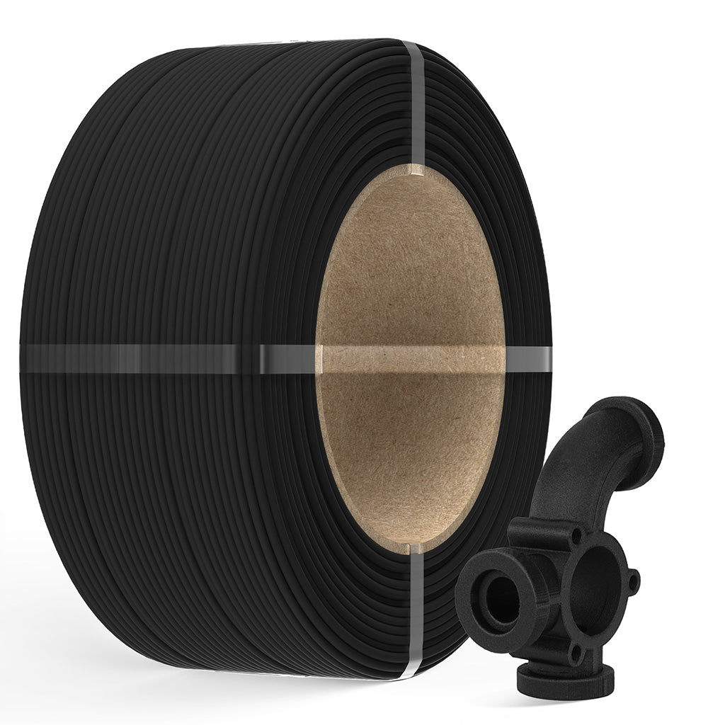 Black PA6-GF25 filament reel with exposed inner core and black feeding clip