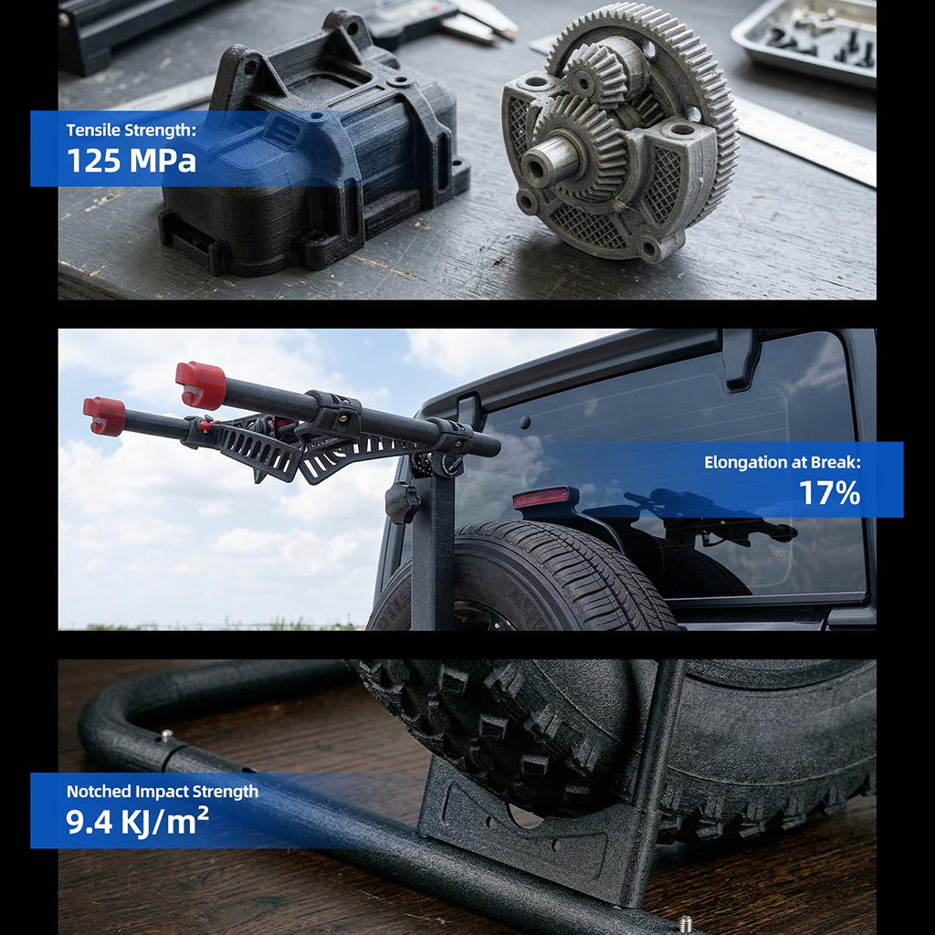 Black PA6-GF25 test parts shown with impact and tensile strength labels