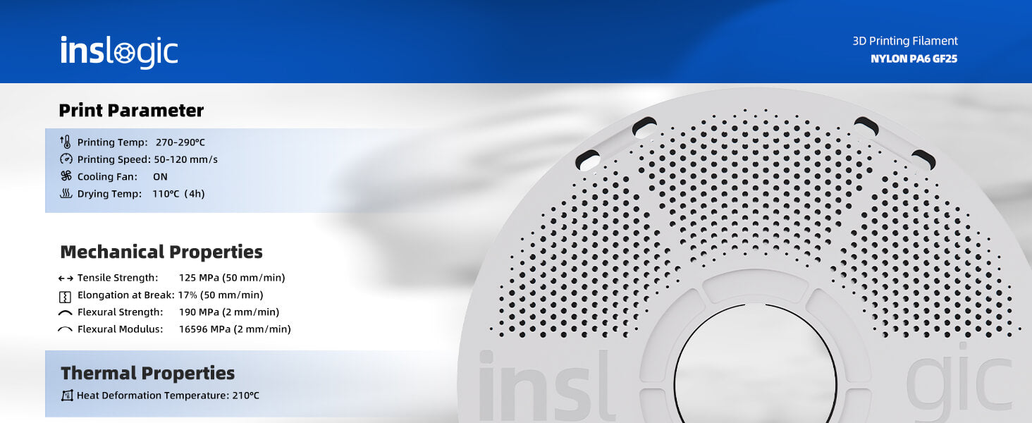 Inslogic PA6-GF Engineering Grade 3D Printing Filament - Print Parameter