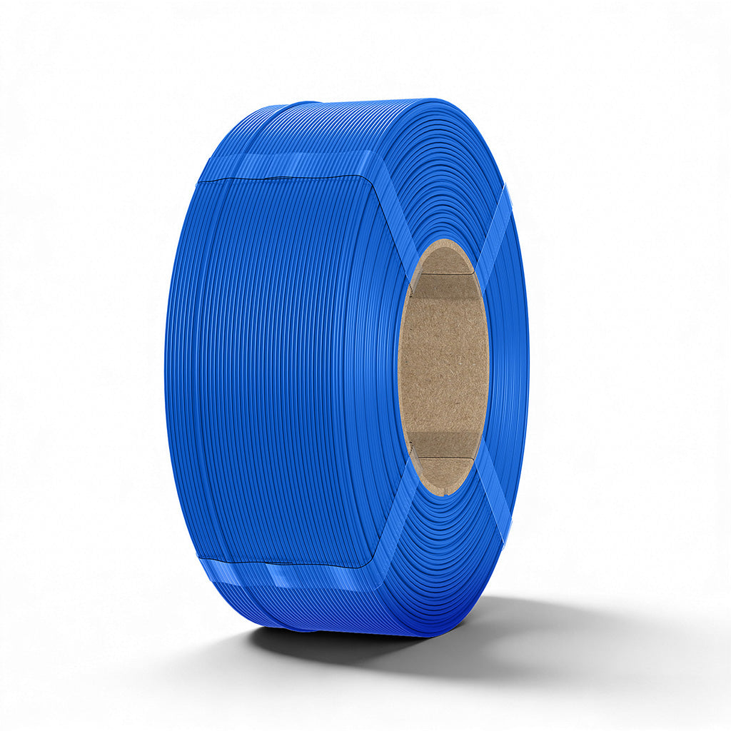 Blue PETG filament spool, 1.75mm, tightly wound reel with visible core