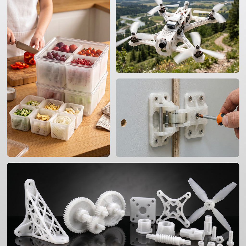 Inslogic PP (Polypropylene) printed parts set in white plastic, gears and models