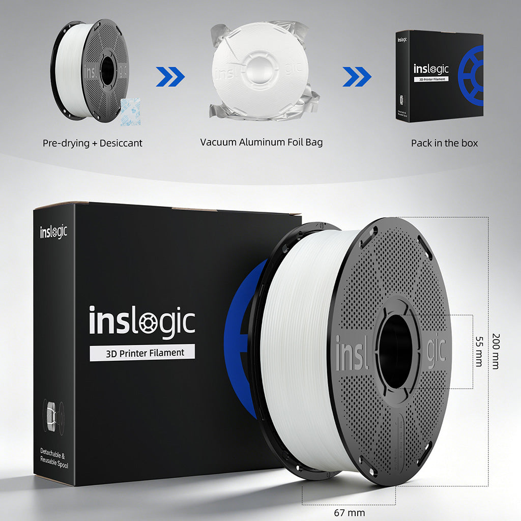 Inslogic PP (Polypropylene) filament spool and product box, white spool on black, 1.75mm