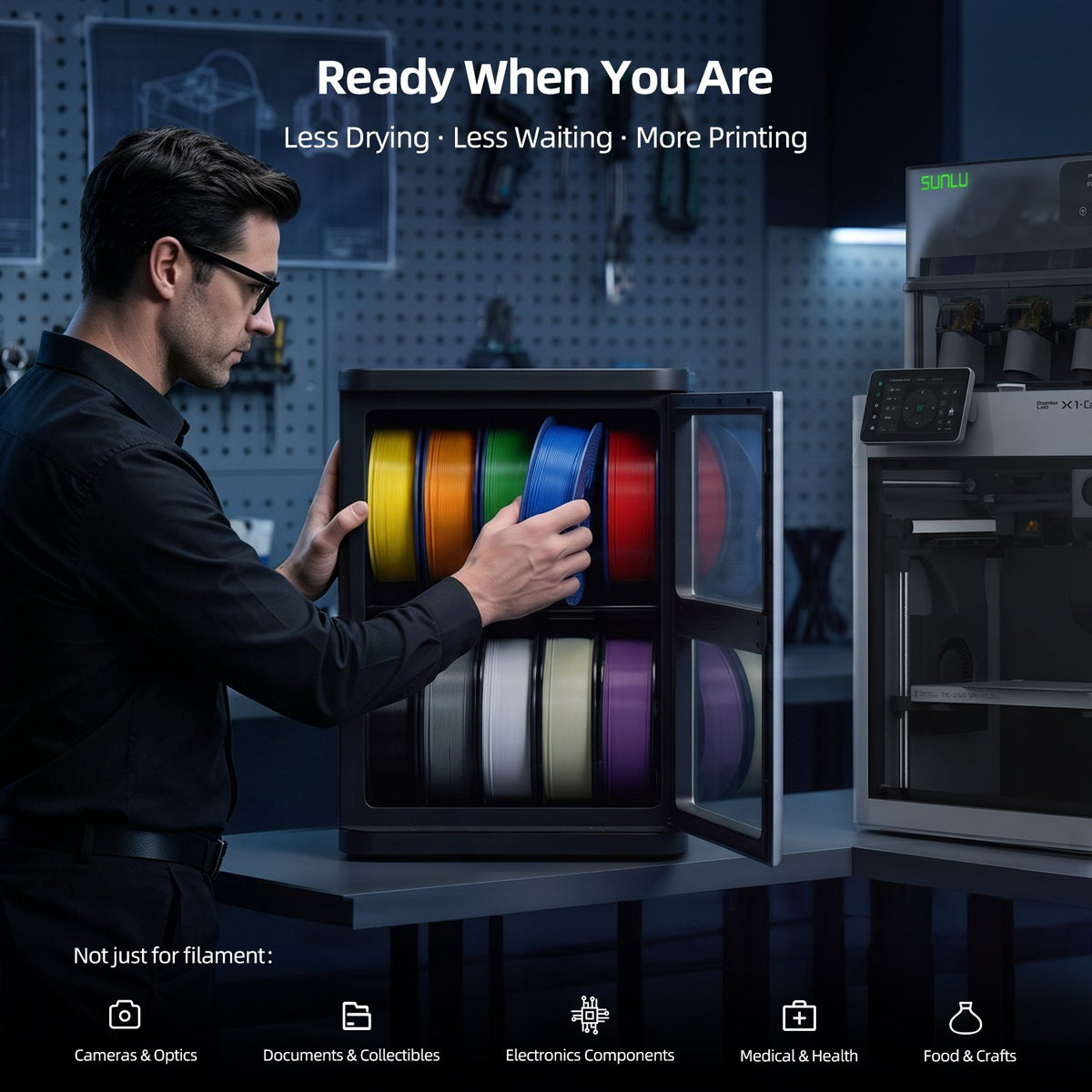 FilaDC filament dehumidifying cabinet with open door and multicolor filament spools