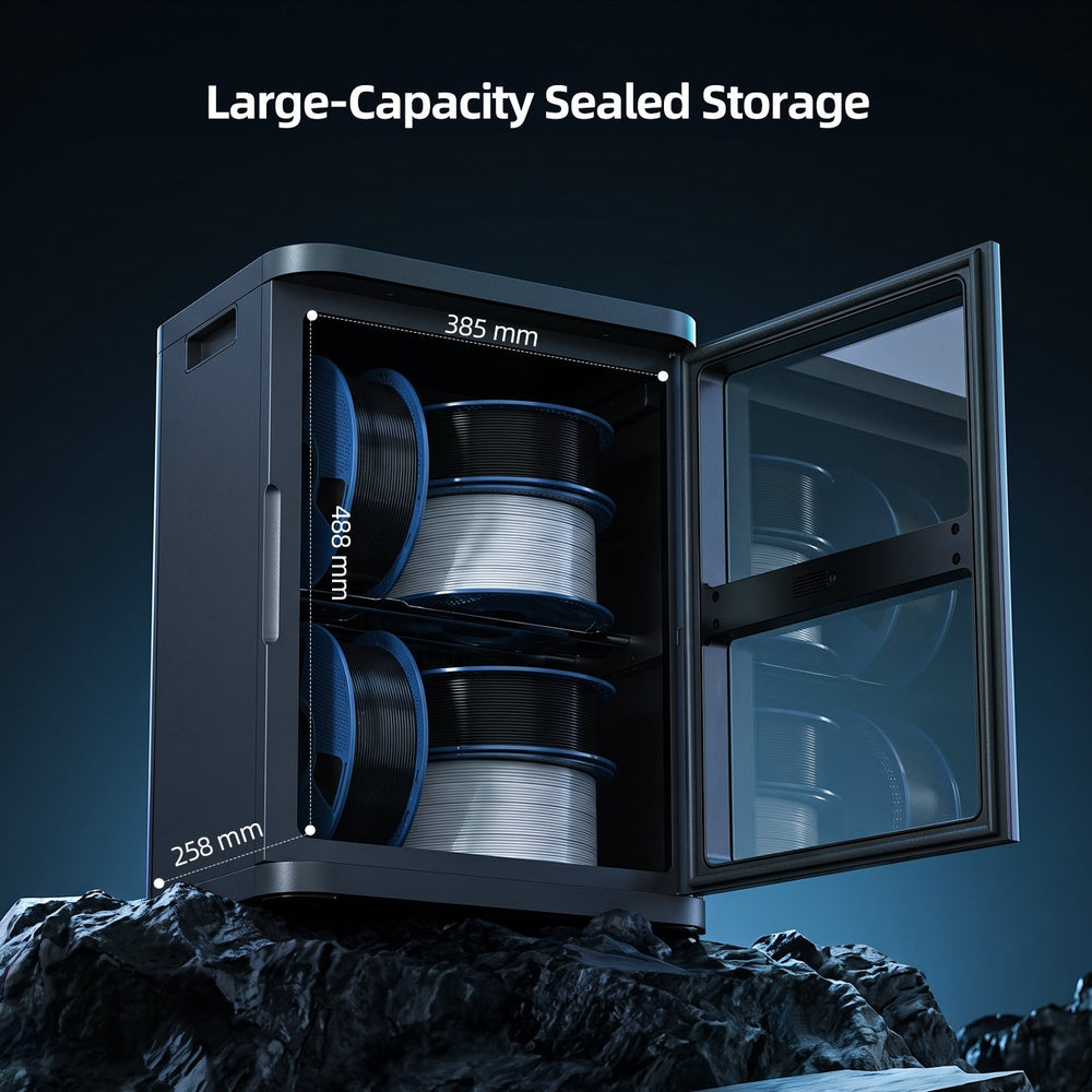 FilaDC sealed storage cabinet with open door showing stacked filament spools