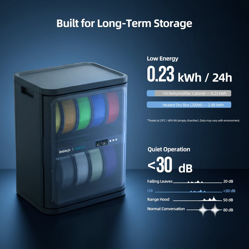 FilaDC long-term storage filament dehumidifying cabinet, dark gray with lit interior