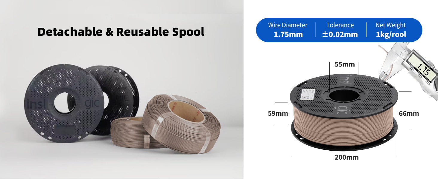 Inslogic WoodFill PLA 3D Printing Filament 1KG - Detachable and Reusable Spool