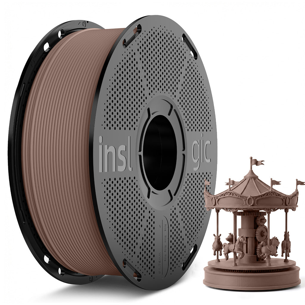 PLA filament spool, light brown woodfill on black reel with open center