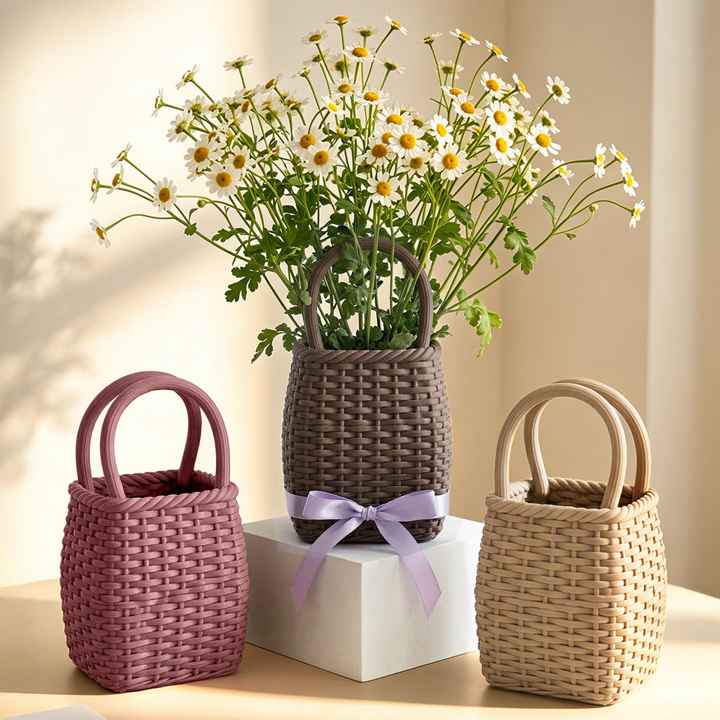 Wood-pattern 3D printed baskets holding white daisies and potted plants