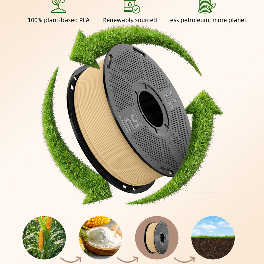 PLA filament spool with tan filament and gray reel, surrounded by green grass