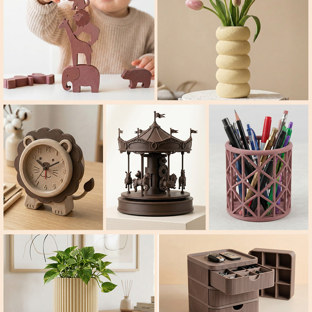 Assorted wood-style 3D printed decor, including animals, clock, carousel, and pen holder