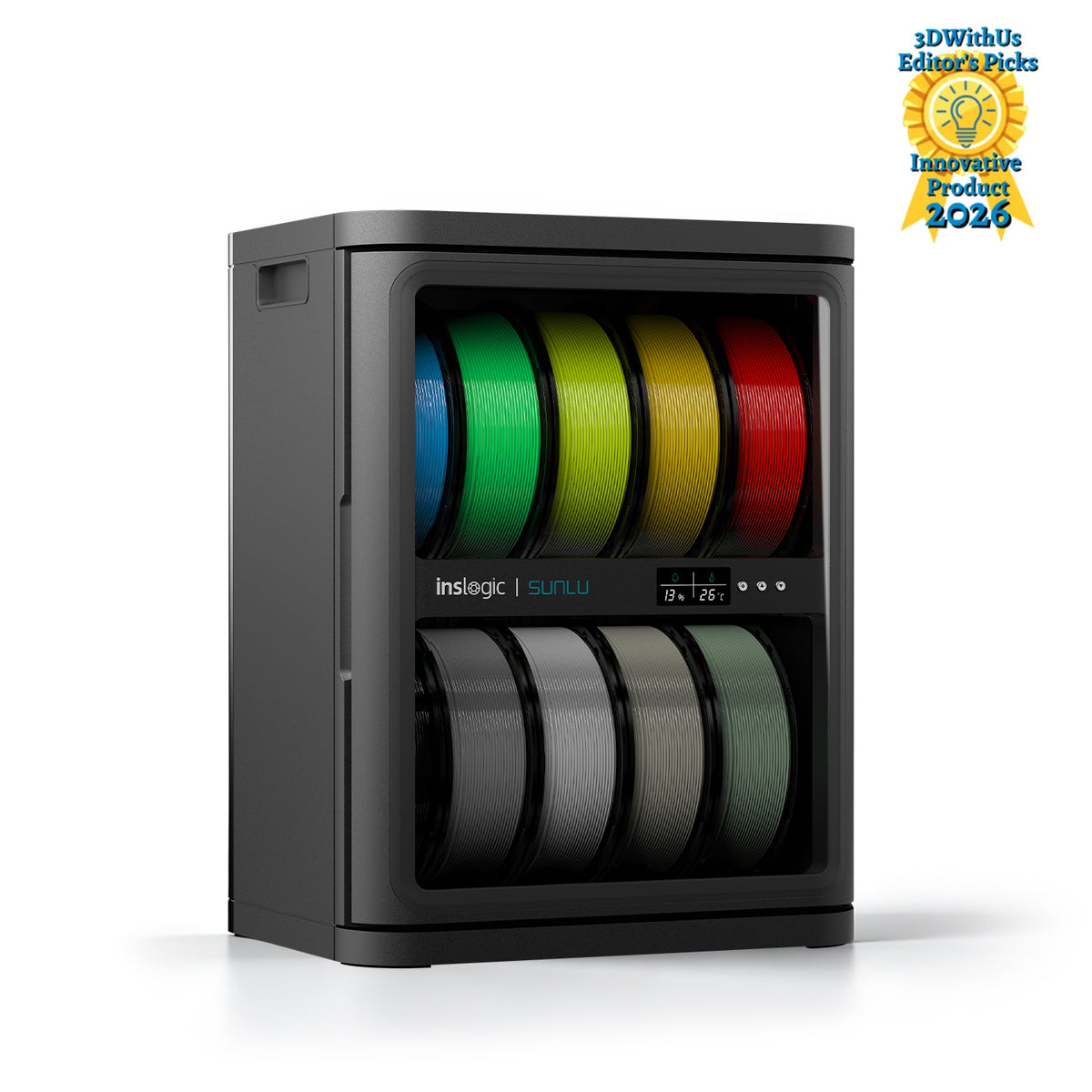 Gray filament dehumidifying cabinet front view displaying colorful filament spool reels