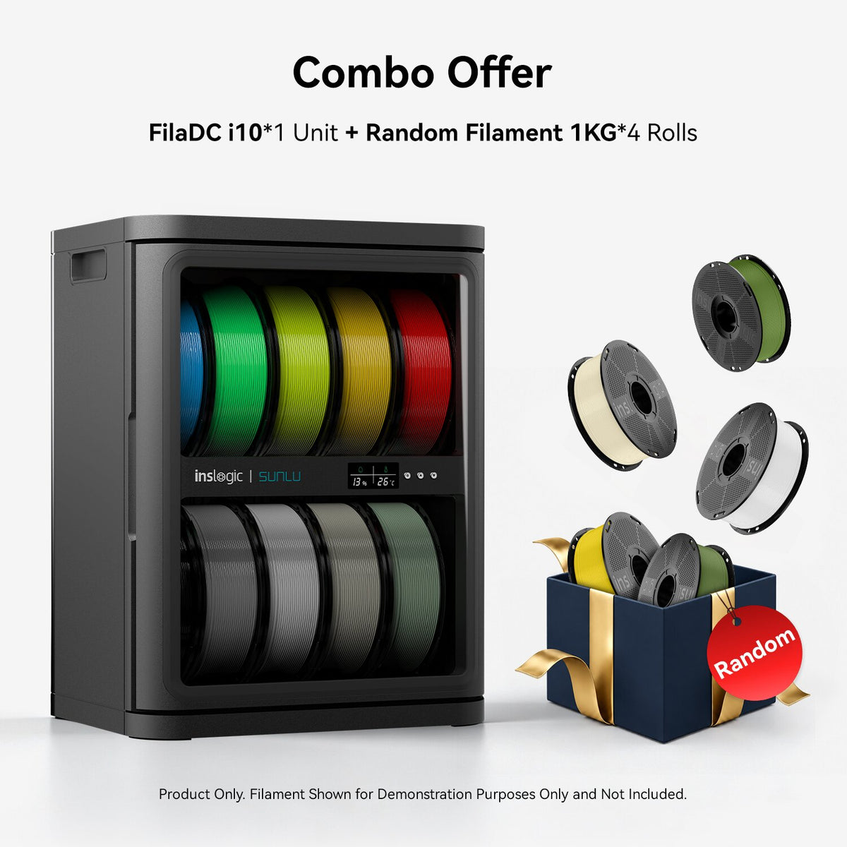 FilaDC i10 filament dehumidifying cabinet with visible filament spools and included extra reels