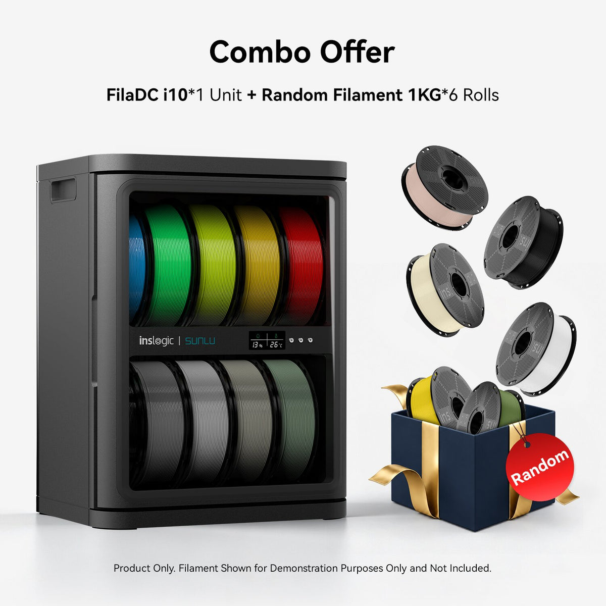 FilaDC i10 filament dehumidifying cabinet with colorful filament spools and boxed random reels
