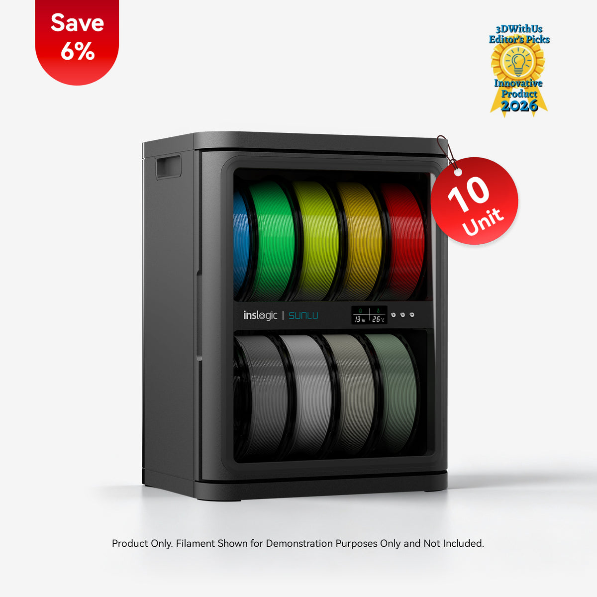 Gray filament dehumidifying cabinet front window with colorful filament spool reels inside