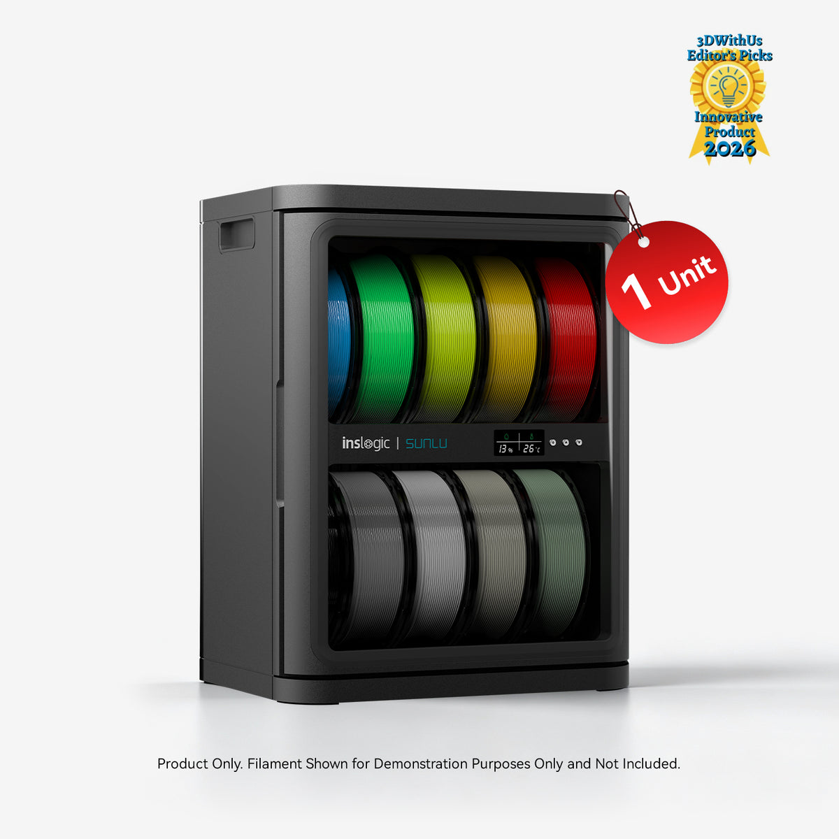 Gray filament dehumidifying cabinet front view with colorful filament spool reels through window
